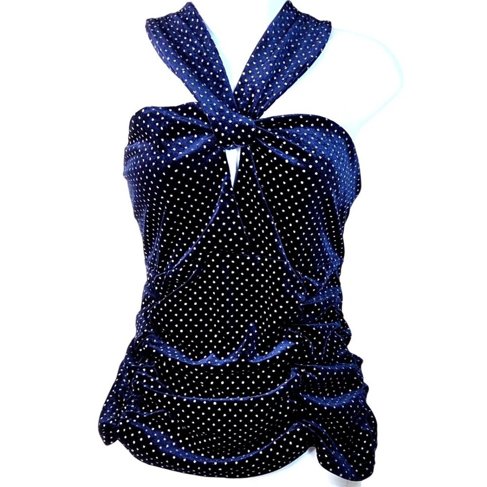 Sugarlips XL Nelly Dot Velvet Blythe Sleeveless Cocktail Top in Navy Blue Velvet - Picture 1 of 7